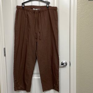 Selene Sport drawstring Pants brown XL Wide Leg bead design linen blend
